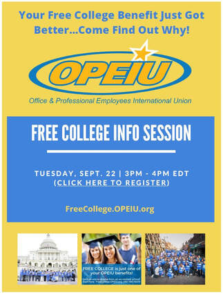 Photo description: A blue and yellow flyer details more information about an OPEIU webinar concerning its Free College Benefit program. 